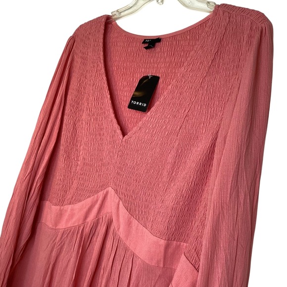 Torrid Pink Long Sleeve Smocked Babydoll Peplum Top Plus Size 3 3X Gauze New - Picture 5 of 11